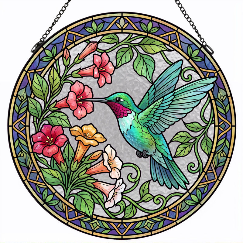 Panneau de vitrail en forme de colibri fleurs vitrail - H 7,8 H, H 7,8 po