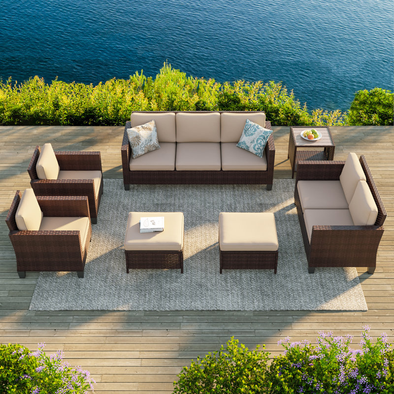 Ensemble de meubles en rotin 7 pièces avec table d'appoint et chaise de patio 7 pièces, Sable, Brun