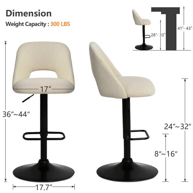 Leotrim 24''-32'' H Adjustable Height Swivel Upholstered Bar Stool, Beige
