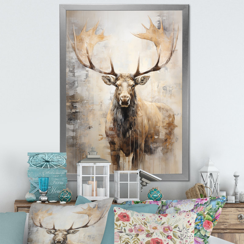 Portrait d'orignal majestueux beige, Cadre simple argenté, H 20 po x l 12 po x P 1 po