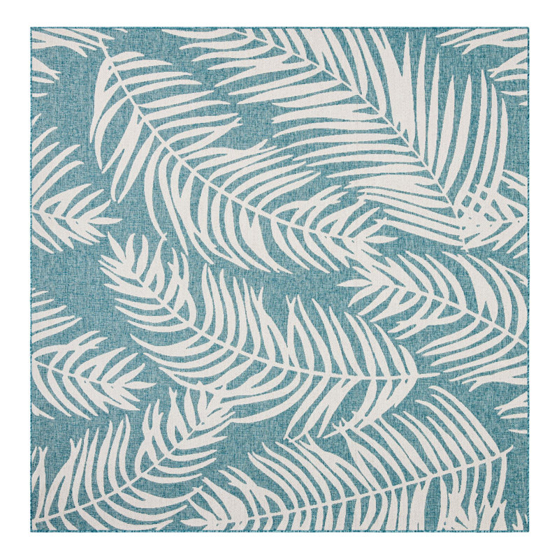 Pinion Floral Machine Woven Polypropylene Indoor / Outdoor Area Rug in Teal, Square 10'