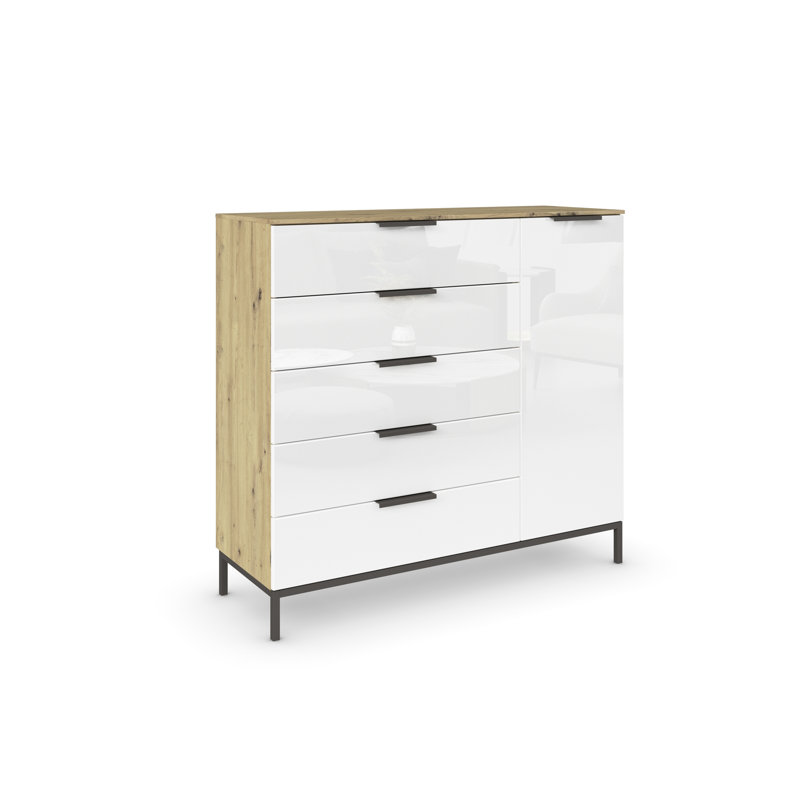 Flipp 5 - Drawer Chest of Drawers, Artisan Oak/White Glass/Graphite
