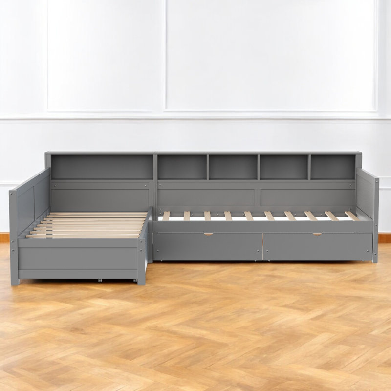 L-Shaped Daybed With Built-In Storage Shelves & Under-Bed Drawers, Gray