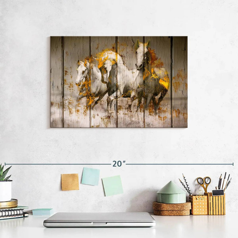 Chevaux blancs dorés sur toile, H 8 po x l 12 po x P 1 po