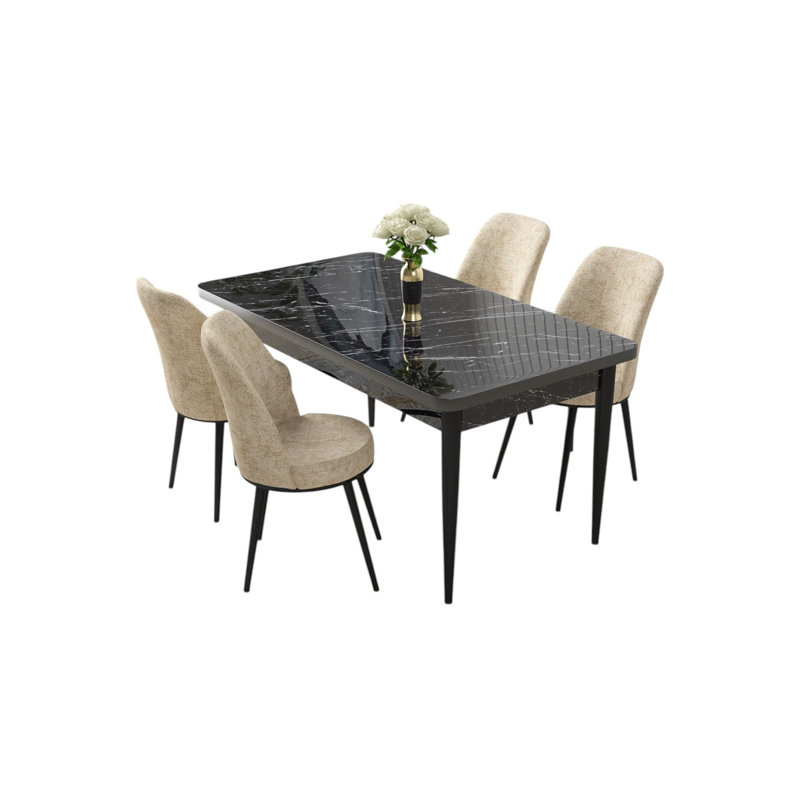 Ensemble de table et chaises de salle à manger moderne 5 pièces, marbre noir et crème | 100% panneau de particules revêtu de mélamine, table: 43,3 po x 29,9 po x 27,9 po, chaises: 17,7 po x 35,8 po x 16,5 po | Pieds en métal, sièges en mousse confortables, design élégant pour les maisons contemporaines