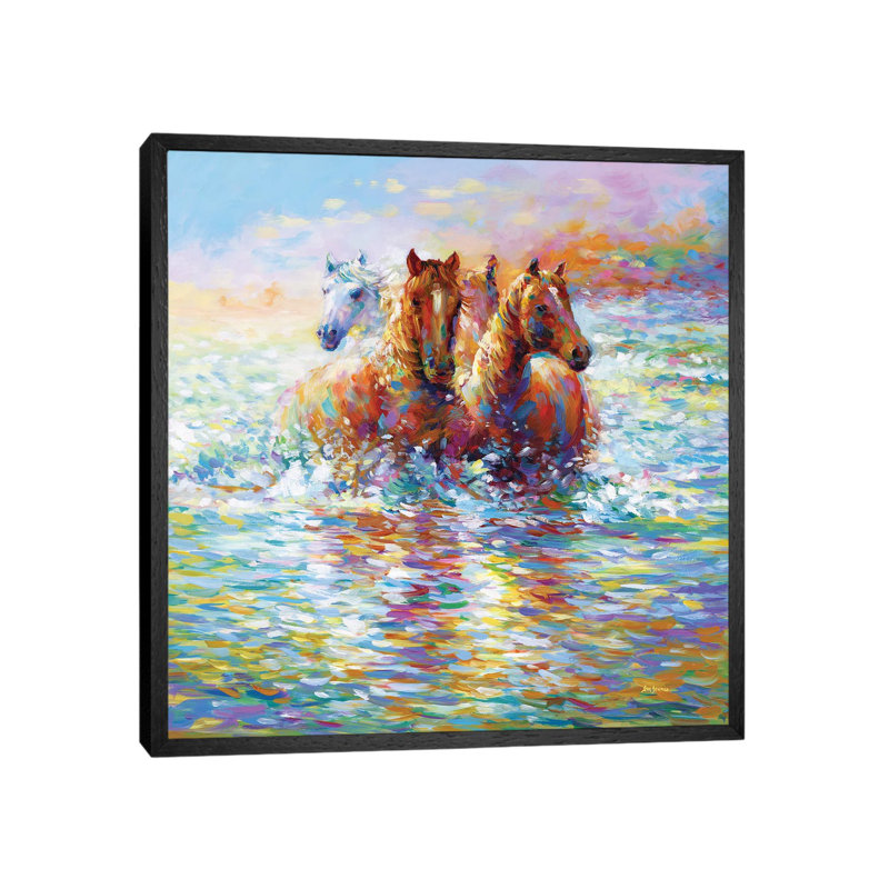 Horses Crossing The River - Print on Canvas, Black Framed, 66.04 cm H x 66.04 cm W