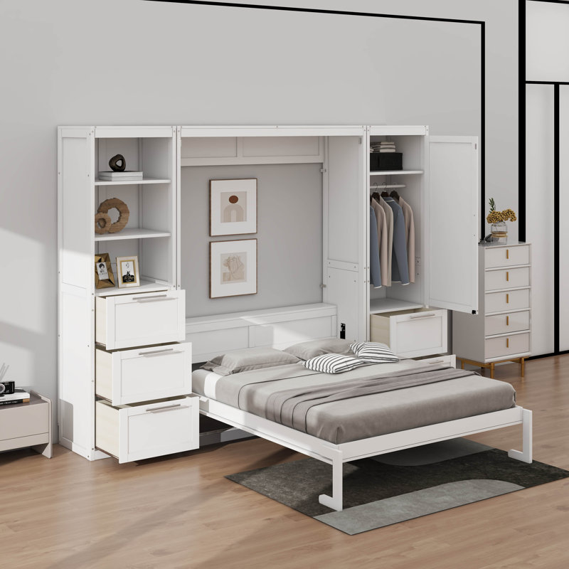 Grand lit escamotable avec tiroirs et tablettes, Blanc