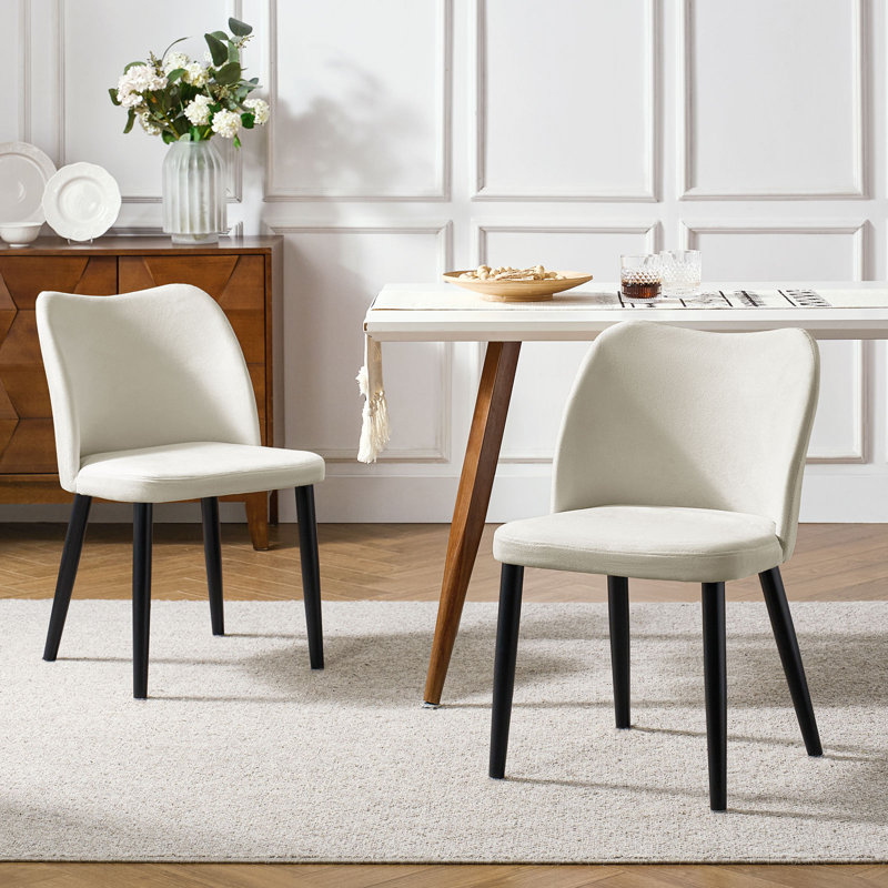 Odon Mid-Century Modern Dining Chair With Solid Wooden Legs Set Of 2, Ivory, Black