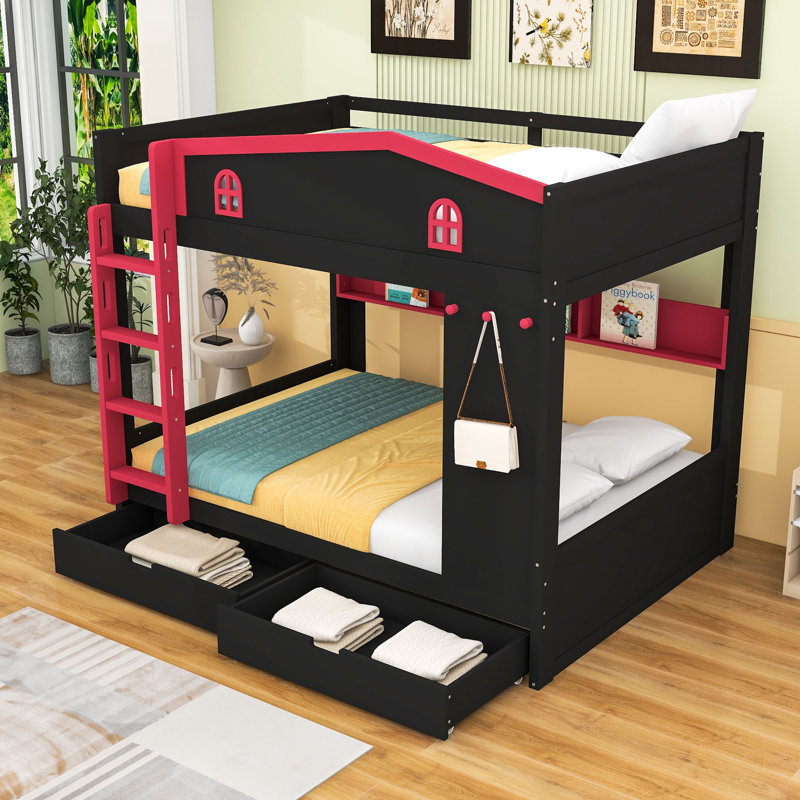 Queen over Queen Wood Bunk Bed with Storage Drawers and Shelves, Black Red