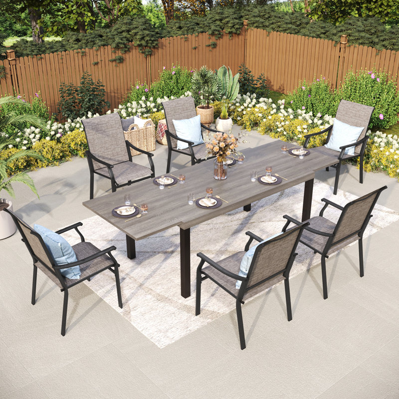 7pcs Rectangle Outdoor Patio Dining Set -look Expandable Heavy Duty Metal Table With Sling Chairs