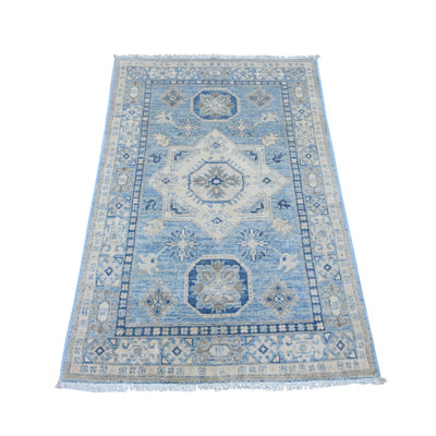 Tapis oriental 3 pi 3 po x 4 pi 9 po, style kazak avec médaillon géométrique d'aspect rétro, noué à la main, 100% laine, teintures naturelles, tapis oriental