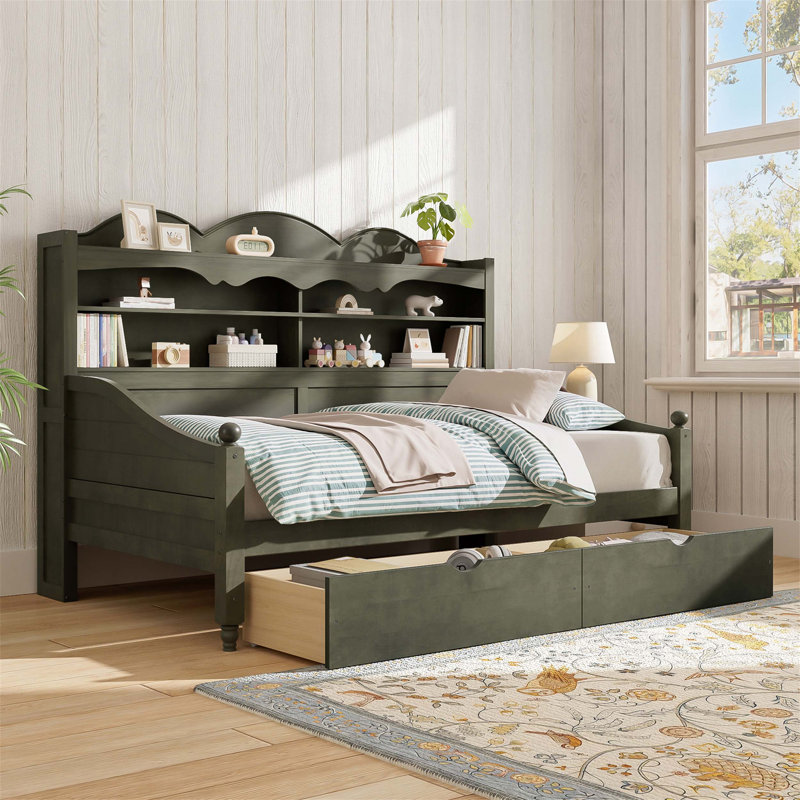 Lit de jour simple fonctionnel avec deux tiroirs de rangement sous le lit et des tablettes ouvertes intégrées pour la chambre à coucher, le salon ou l'espace invité.