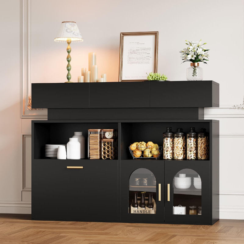 Modern Sideboard Buffet Cabinet – 3 Drawers, Adjustable Shelf – USB Type-C Charging – Arched Glass Doors – Open Storage – Dining Room, Living Room, Coffee Bar – Colour: Black