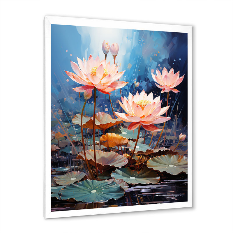 Fleurs de lotus étang harmonie sur toile, H 20 po x l 12 po x P 1 po, Cadre simple blanc
