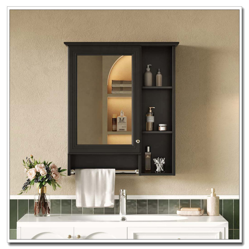 3-in-1 Bathroom Mirror Cabinet, 24-inch Wall Mounted Medicine Cabinet, Black