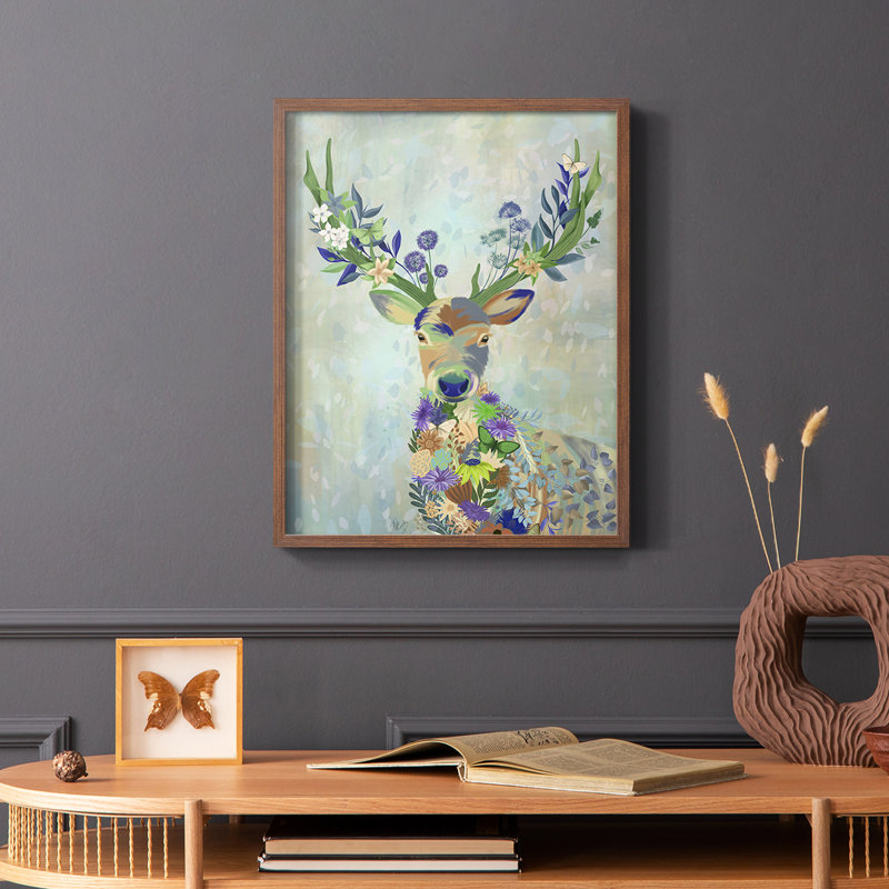 Fantastic Florals Deer, Portrait, reproduction encadrée - bois massif, Brun, H 20 po x l 16 po