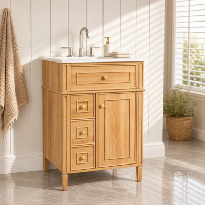 Meuble-lavabo 24 po avec lavabo en céramique, tiroir escamotable, fermeture en douceur, bois massif et panneau de fibres à densité moyenne pour les petites salles de bain