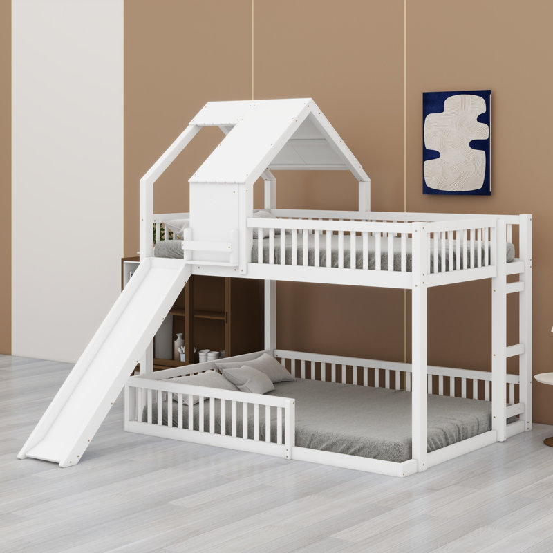 Lit superposé avec glissade Floor, structure de lit en bois massif et échelle intégrée, Blanc