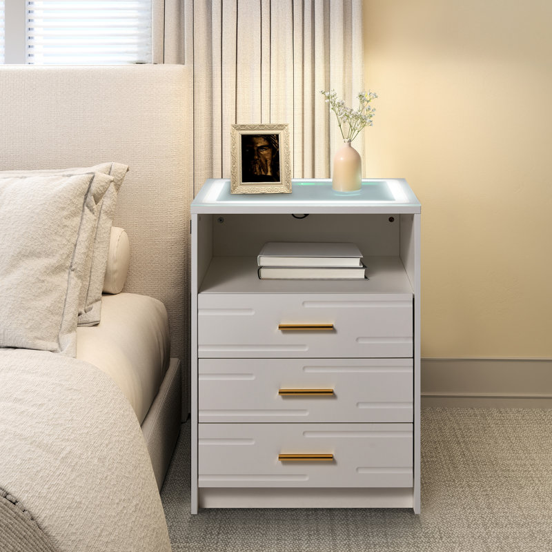 LED Nightstand with Drawers, Wireless Charging, & USB & Type-C Charging Ports, White