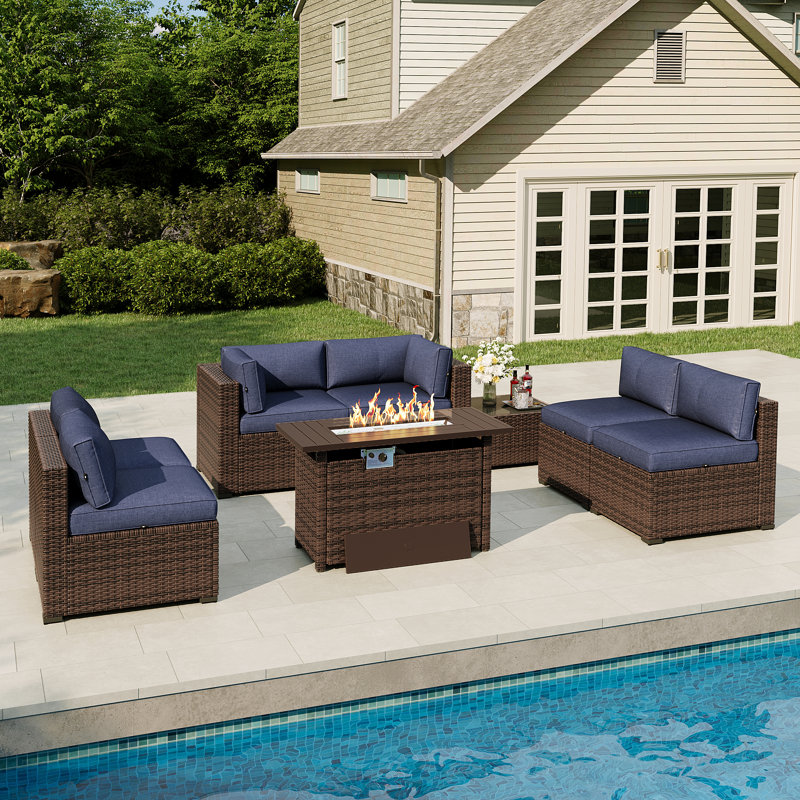 8-Piece Patio Furniture Set with Propane Gas Fire Pit Table, Blue, Brown