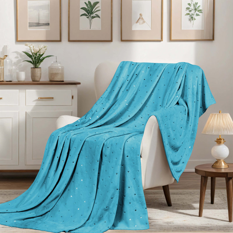 Couverture en molleton 100% polyester de qualité supérieure à pois métalliques, Bleu hivernal à pois, Jeté