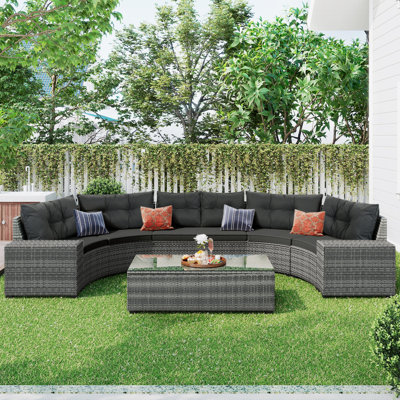 Ensemble de canapé rond en osier 8 pièces 8 pièces, ensemble de canapé modulaire demi-lune toutes saisons, ensemble de canapé courbé avec table basse rectangulaire, rotin PE, coussin mobile, gris