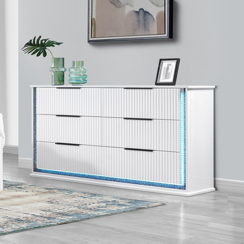 Commode 6 tiroirs avec miroir Pallas, éclairage DEL, Blanc