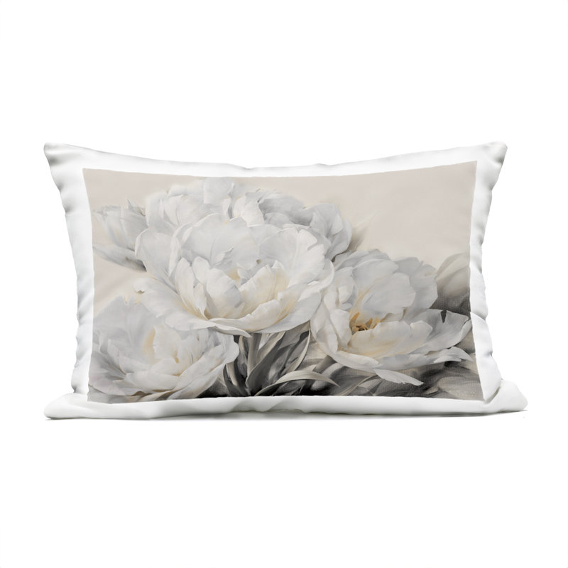 Coussin d'extérieur imprimé White Roses Arrangement, Beige / roses grises