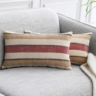 Classic Retro Stripe Throw Pillow Covers, Soft Faux Linen Farmhouse Lumbar Cushion Covers For Sofa, Bedroom, Car And Home Decor, Red Brown Mixed, Set Of 2