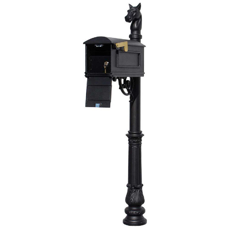 Lewiston Aluminum Post Mounted Mailbox with Magnetic Closure, Black, Black, Black