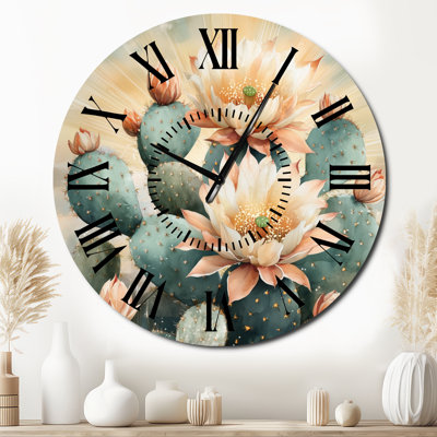 Horloge murale ronde en métal rose bohème « Cactus en fleurs ensoleillées II », imprimée sur métal