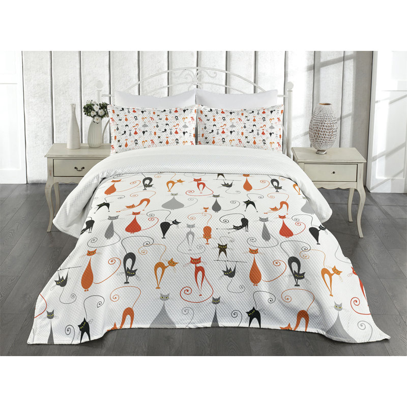 Ambesonne Cat Bedspread Set Colorful Design Kitten Pattern Multicolor White, King Coverlet / Bedspread + 2 Standard Shams