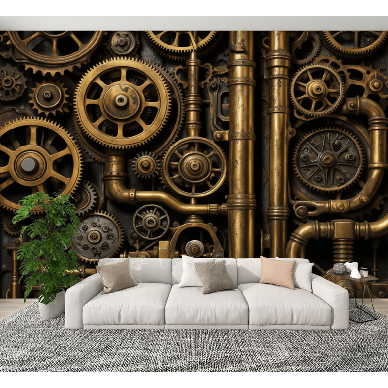 Papier peint auto-adhésif à engrenages industriels Steampunk Pipes and Stick, H 144 po x l 100 po