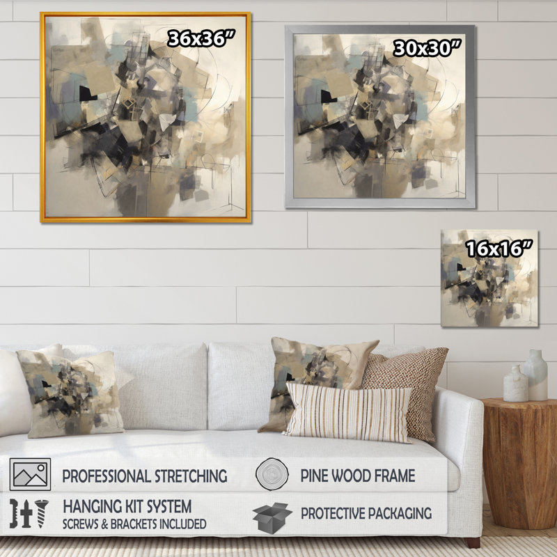 «Flippen Grey Beige Geometric Blend II», reproduction sur toile encadrée, Cadre photo noir, H 16 po x l 16 po x P 1 po