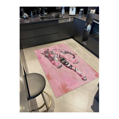 Tapis décoratif tissé à motif tigre rose pastel lavable à la machine
