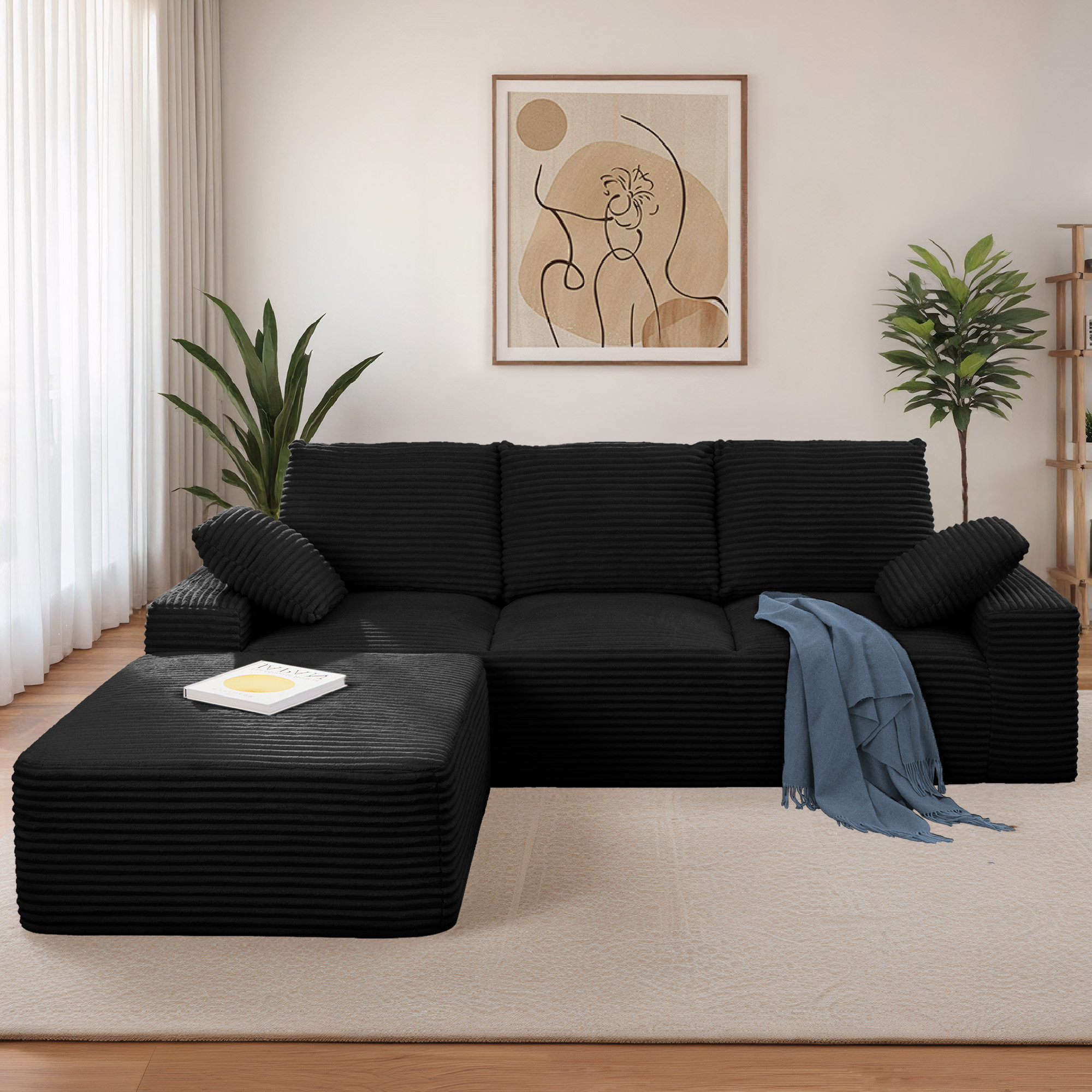No Assembly Required 2 - Piece Corduroy Upholstered Sectional Sponge Sleeper Sofas with Ottoman