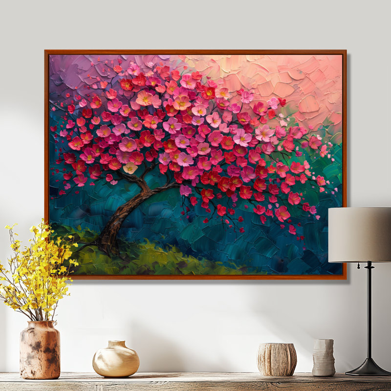 Arbre de vie rose rose et bleu vibrant - art mural cerisier en fleurs, Toile avec cadre flottant brun