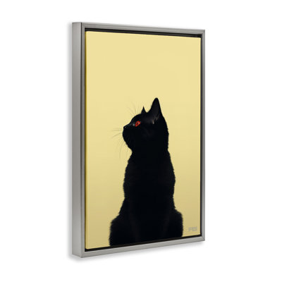 Chat noir sur toile flottante encadrée jaune et gris par Roozbeh Bahramali