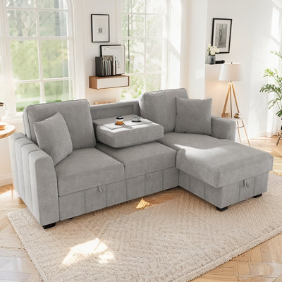 90" L-Shaped Sectional Sleeper Sofa With Reversible Storage Chaise,Modern Convertible Pull Out Couch Bed With Dual Cup Holders And 2 Pollows