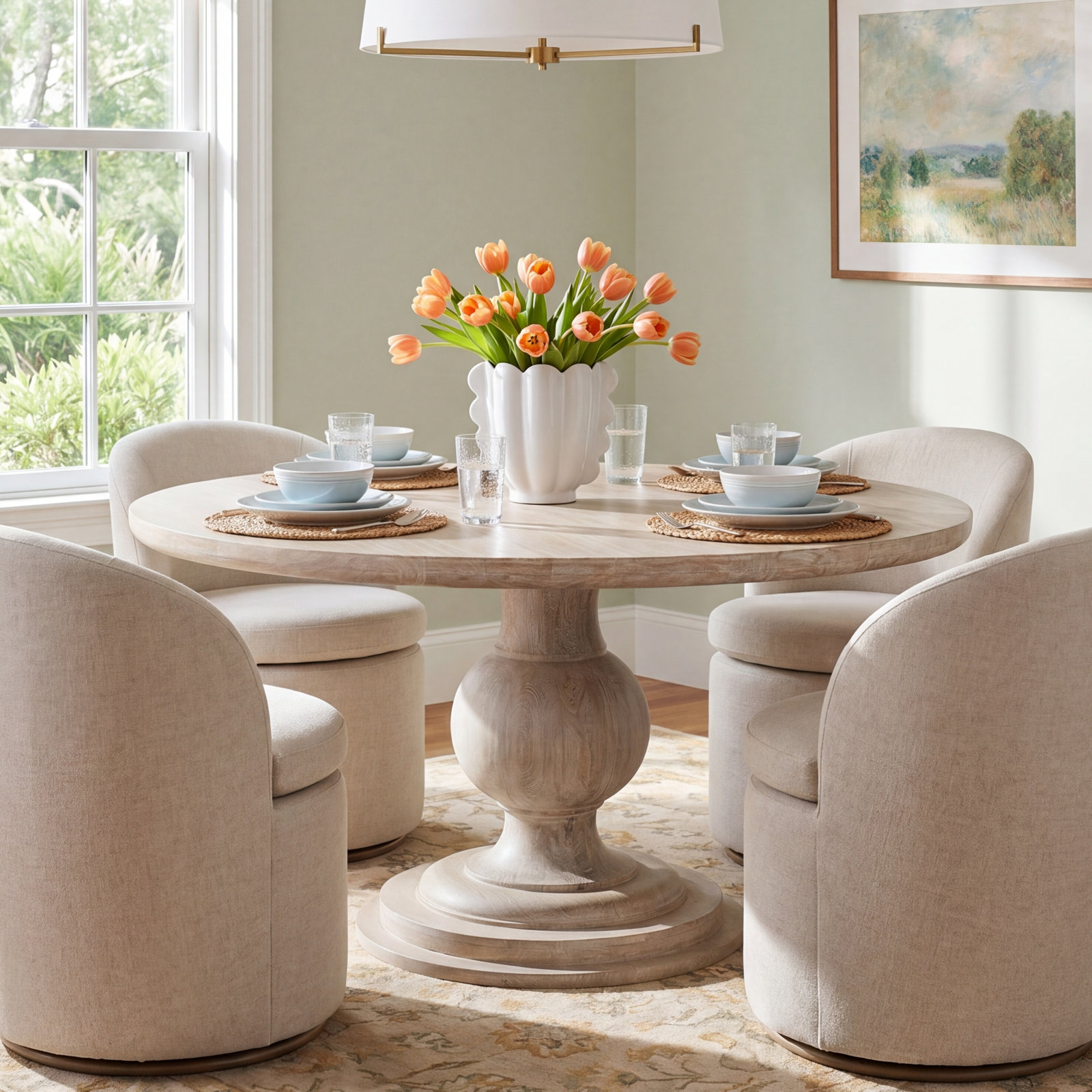 Kimble Round Solid Wood Dining Table, White Washed