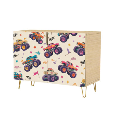 Sideboard Buffet Cabinet with Storage Seamless cartoon trucks for boy heavy cars big tires Toys with 2 Doors for Living Room and Kitchen