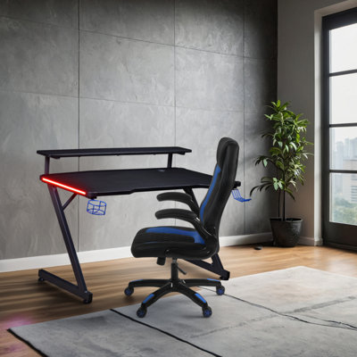 Orlene Gaming Desk & Gaming Chair Set – LED Carbon Fiber Desk With Riser Shelf And Ergonomic Racing-Style Gaming Chair, Black/ Blue