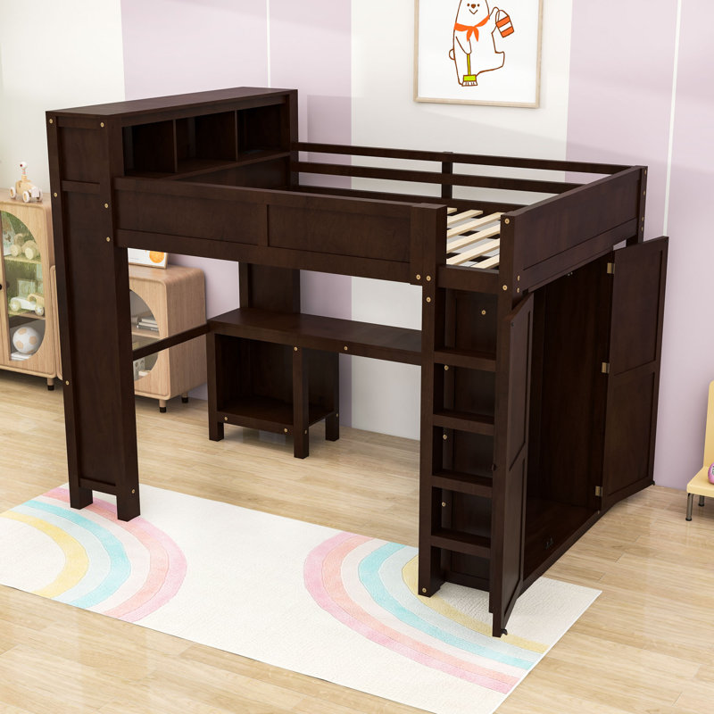 Grand lit mezzanine avec garde-robe, bureau, rangement et port USB, Brun