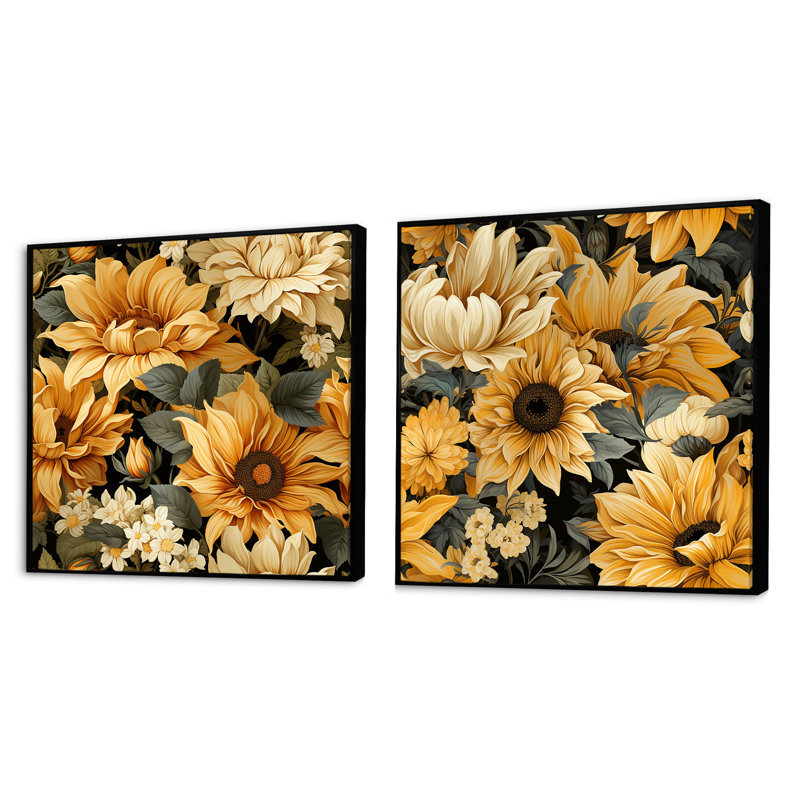 Tremiere - Ensemble de 2 collages floraux carrés, Cadre flottant noir, H 16 po x l 33 po