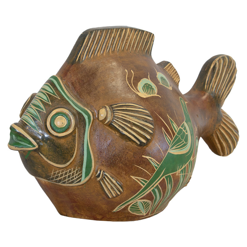 Grande sculpture de poisson-globe en argile verte