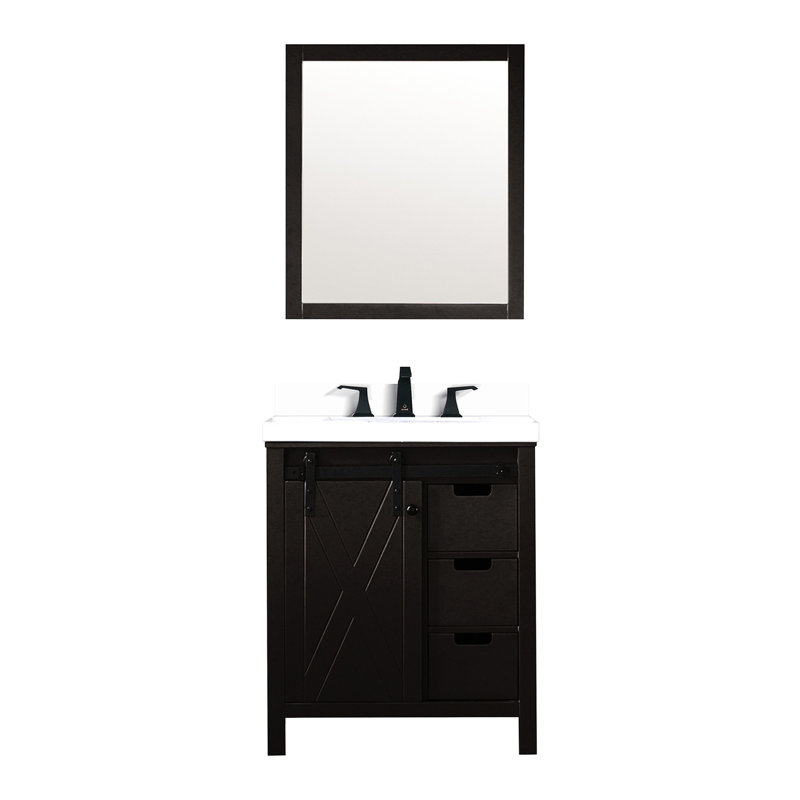 28 po Miroir, meuble-lavabo de salle de bain brun, comptoir en quartz blanc - teinture de construction, meuble-lavabo, comptoir, robinet et miroir