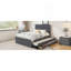 Lit plateforme double tapissier avec lit gigogne simple et 3 tiroirs, tissu en lin, gris