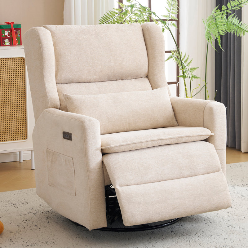 Veya Oversized Swivel Rocker Recliner Chair, 26" Extra Wide Glider Nursery Chair with Adjustable Headrest, Chenille Power Recliner Rocking with Double Cushion, Cup Holder，Beige