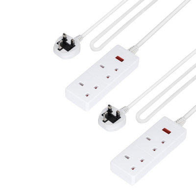 GEEPAS 2 Gang Extension Lead, 2M Cable | 2-Way Plug Extension Cable with Neon Indicator Light | Wall Mountable & Multi Socket Mains Strip for Home Bedroom Office | Heavy Duty UK Plug | White