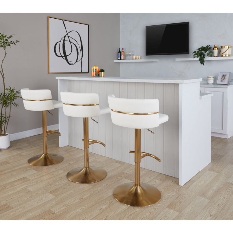 Swivel Upholstered Faux Leather Adjustable Height Counter Stool with Steel Frame, White Faux Leather/Gold Frame